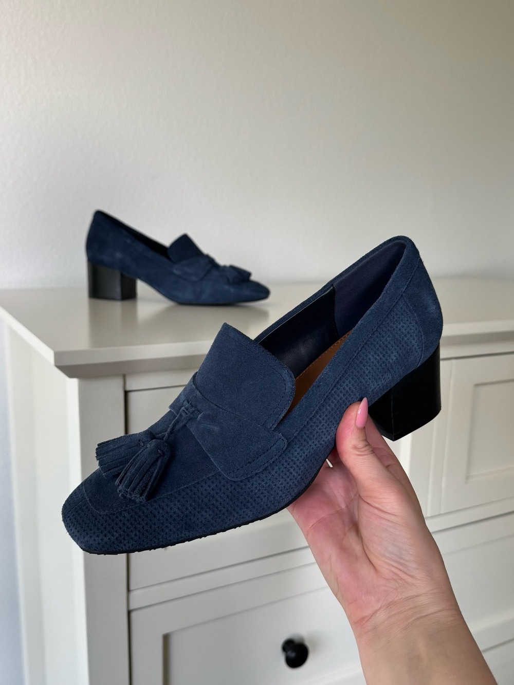 Donald J. Pliner Navy Suede Kressida Tassel Block Heel Loafers, 9